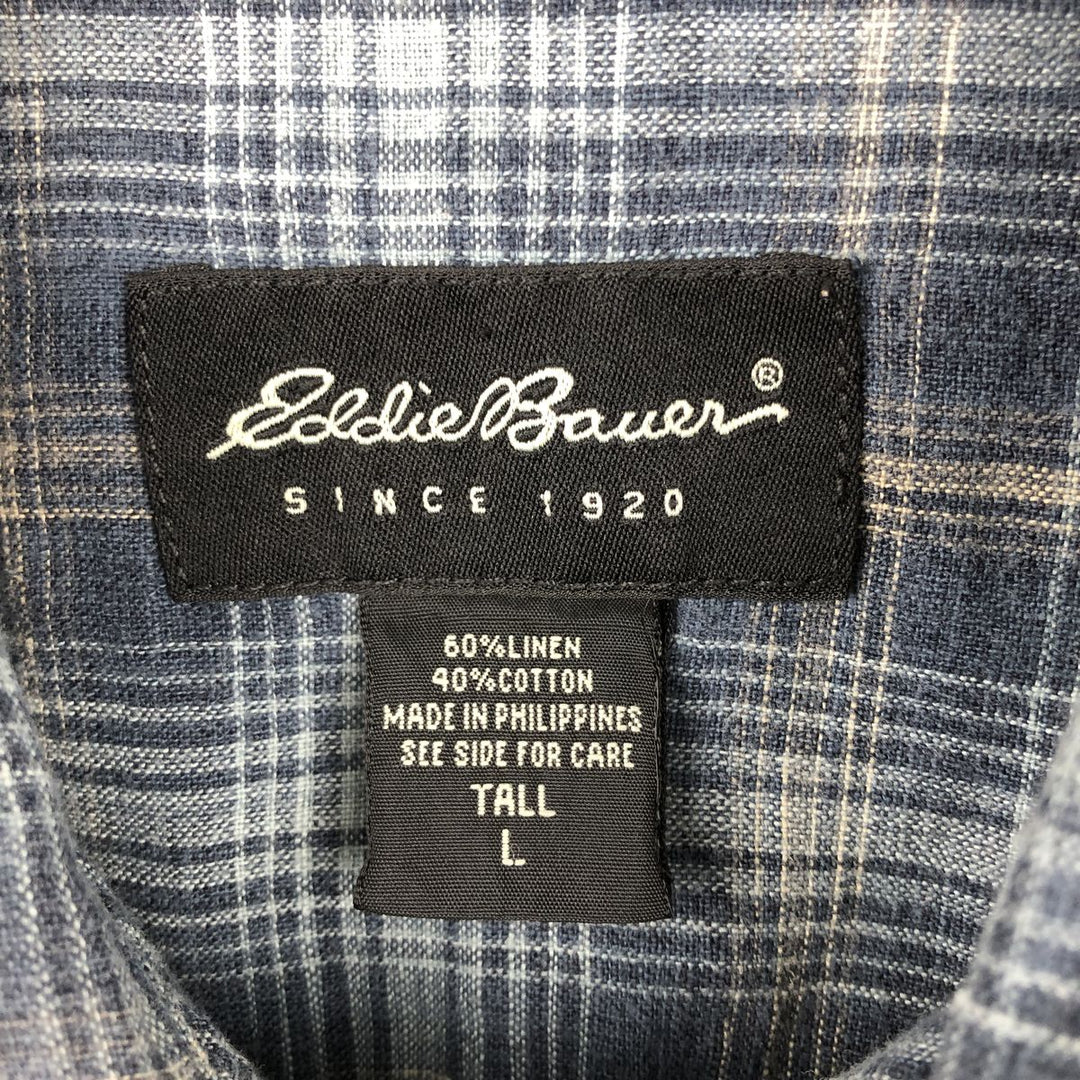 Eddie Bauer Check Pattern Short-Sleeve Linen Shirt, Boxy Shirt, Men's Size L (approx.) linen navy blue type Vintage Second Hand