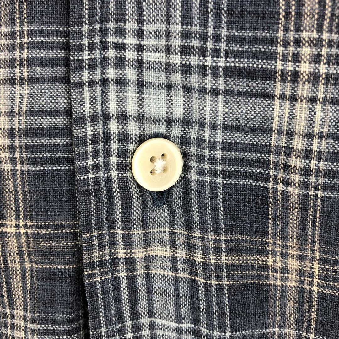 Eddie Bauer Check Pattern Short-Sleeve Linen Shirt, Boxy Shirt, Men's Size L (approx.) linen navy blue type Vintage Second Hand
