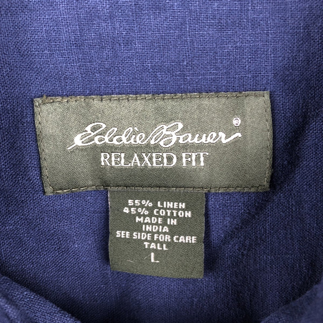 2000'S Eddie Bauer Relaxed Fit Short-Sleeve Linen Shirt, Boxy Shirt, Men's Size L (approx.) linen navy blue type Vintage Second Hand