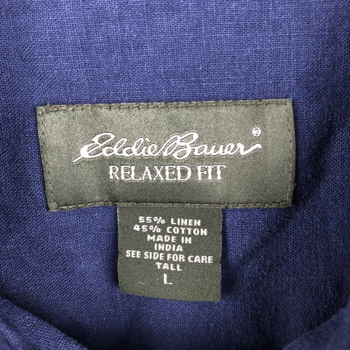 2000'S Eddie Bauer Relaxed Fit Short-Sleeve Linen Shirt, Boxy Shirt, Men's Size L (approx.) linen navy blue type Vintage Second Hand