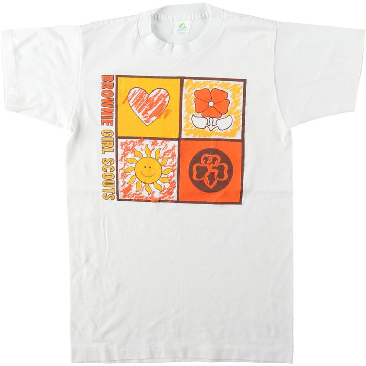 80'S Girl Scout Print T-Shirt, Made in USA, Women's Size S (Equivalent), Vintage polyester white type Vintage Second Hand