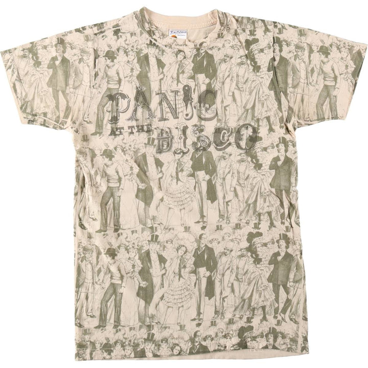 BAY ISLAND PANIC AT THE DISCO All-over print band t-shirt (women's size S equivalent) cotton Beige type Vintage Second Hand