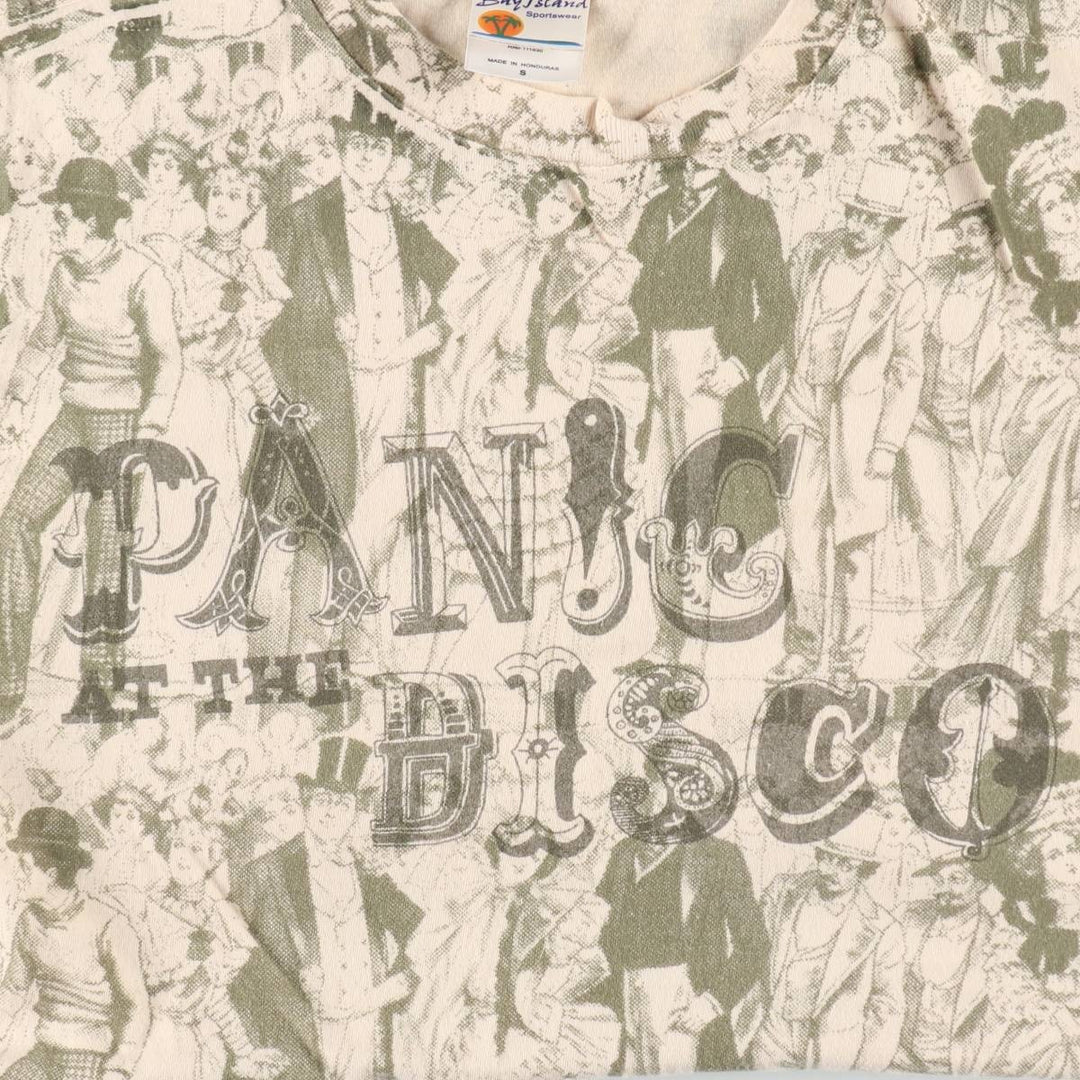 BAY ISLAND PANIC AT THE DISCO All-over print band t-shirt (women's size S equivalent) cotton Beige type Vintage Second Hand