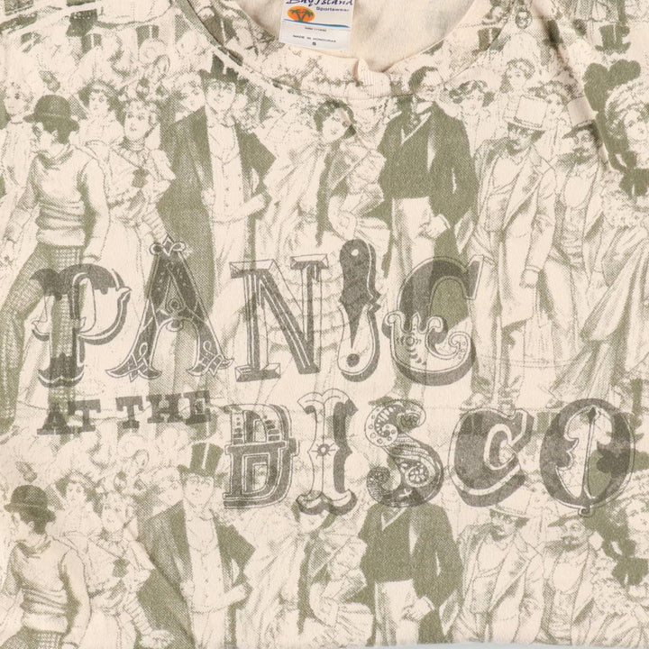 BAY ISLAND PANIC AT THE DISCO All-over print band t-shirt (women's size S equivalent) cotton Beige type Vintage Second Hand