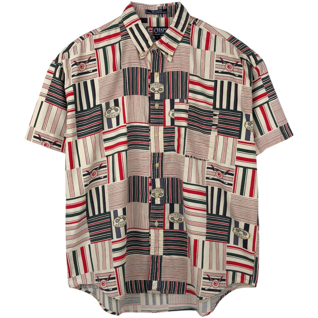 Ralph Lauren CHAPS Chaps, all-over print, short-sleeved button-down shirt, men's size XL cotton ivory Vintage Second Hand
