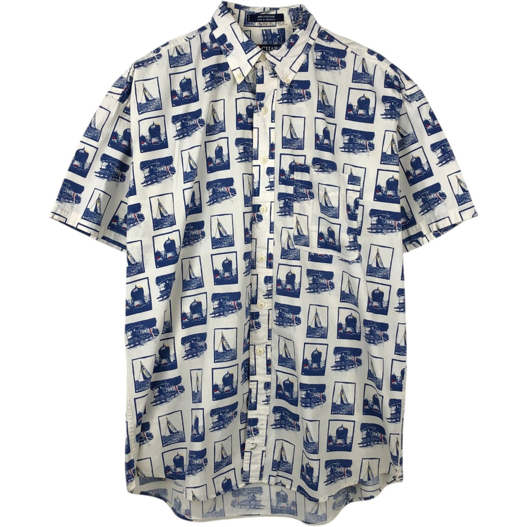 Ralph Lauren CHAPS all-over print short-sleeved button-down shirt, men's size L cotton white type Vintage Second Hand