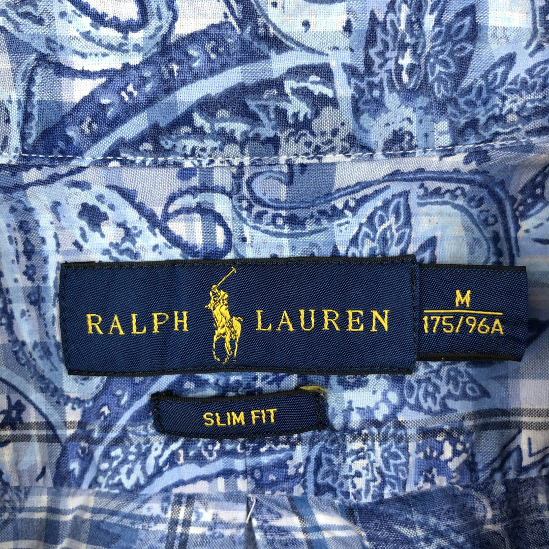 Ralph Lauren SLIM FIT all-over paisley pattern short-sleeved button-down check shirt, men's size M (approx.) unclear blue type Vintage Second Hand