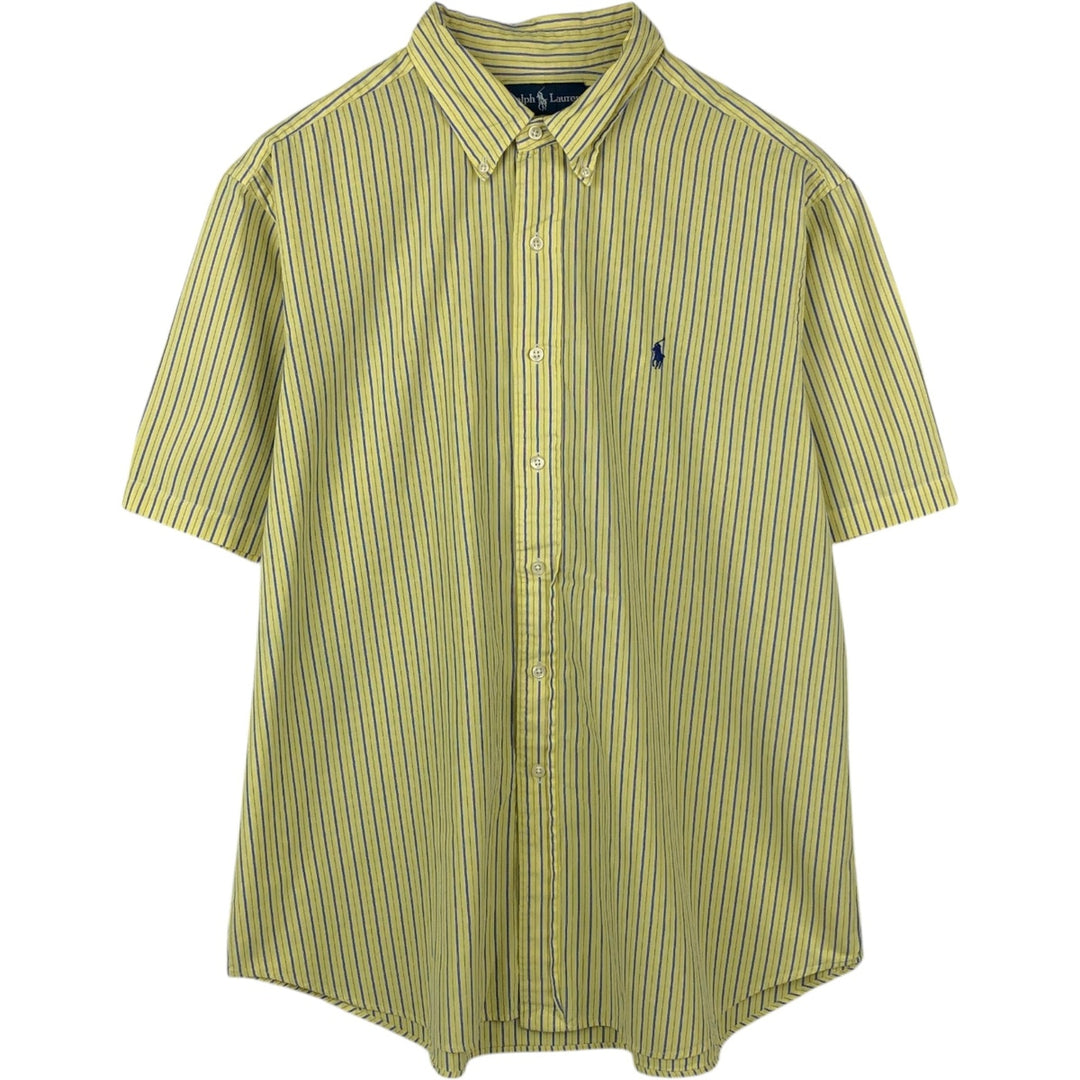 Ralph Lauren Classic Fit Short Sleeve Button Down Striped Shirt Men's XL cotton lemon yellow Vintage Second Hand
