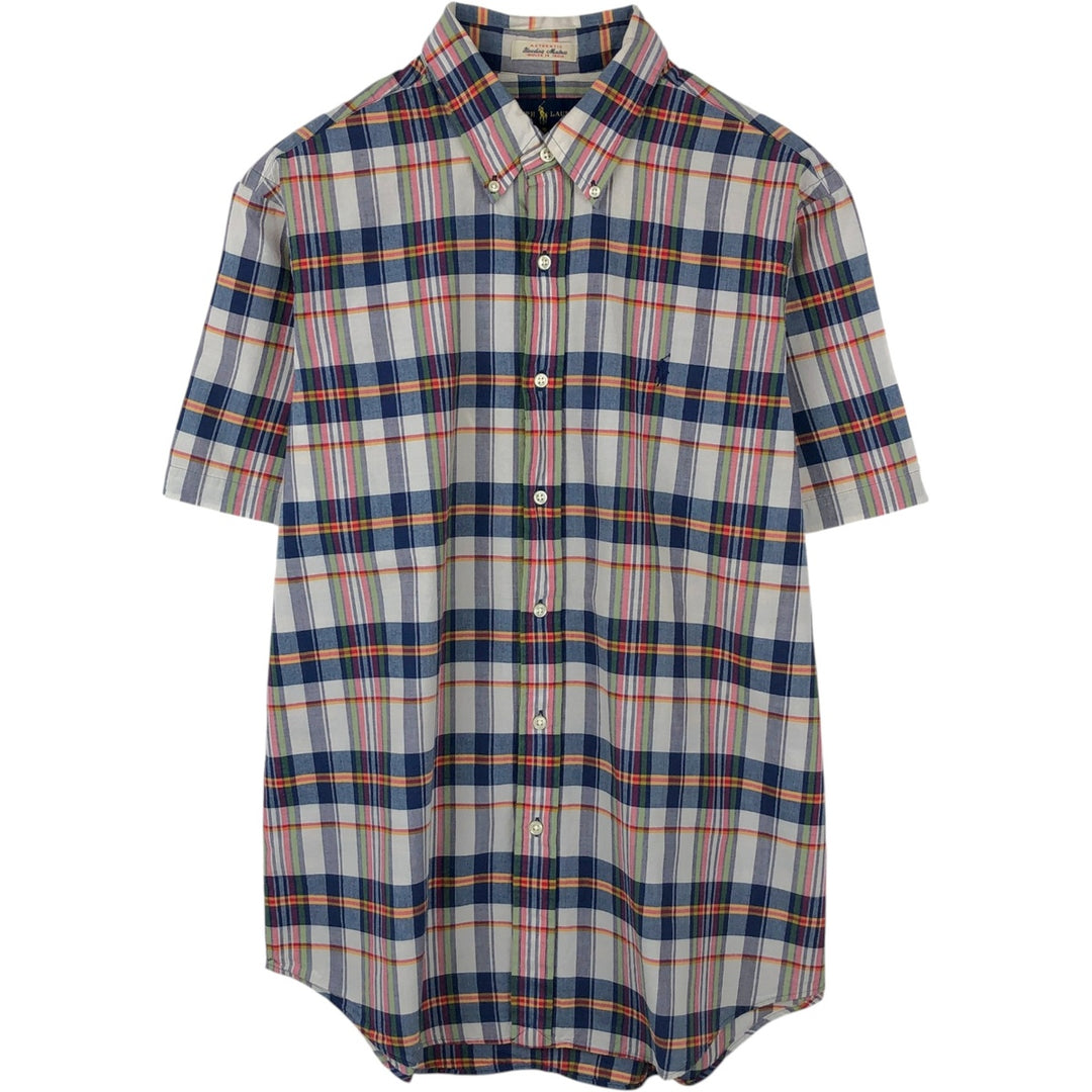 Ralph Lauren Madras Check Short Sleeve Button-Down Check Shirt, Men's Size L cotton navy blue type Vintage Second Hand