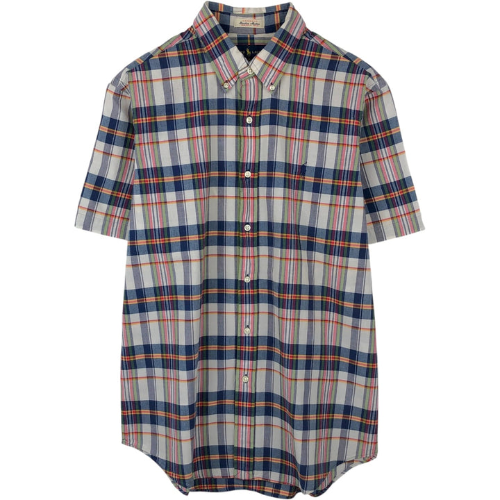 Ralph Lauren Madras Check Short Sleeve Button-Down Check Shirt, Men's Size L cotton navy blue type Vintage Second Hand