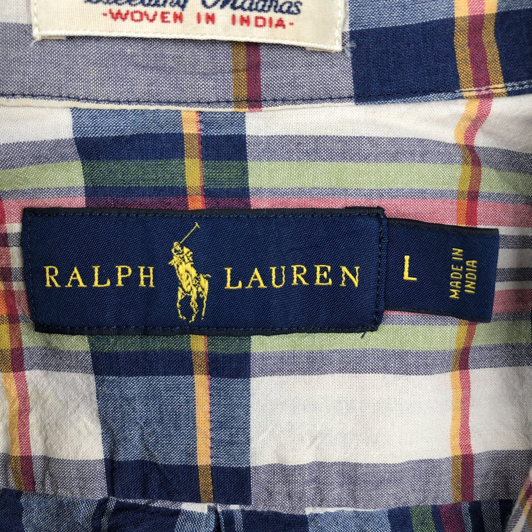 Ralph Lauren Madras Check Short Sleeve Button-Down Check Shirt, Men's Size L cotton navy blue type Vintage Second Hand