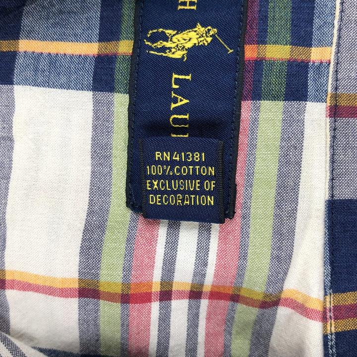 Ralph Lauren Madras Check Short Sleeve Button-Down Check Shirt, Men's Size L cotton navy blue type Vintage Second Hand
