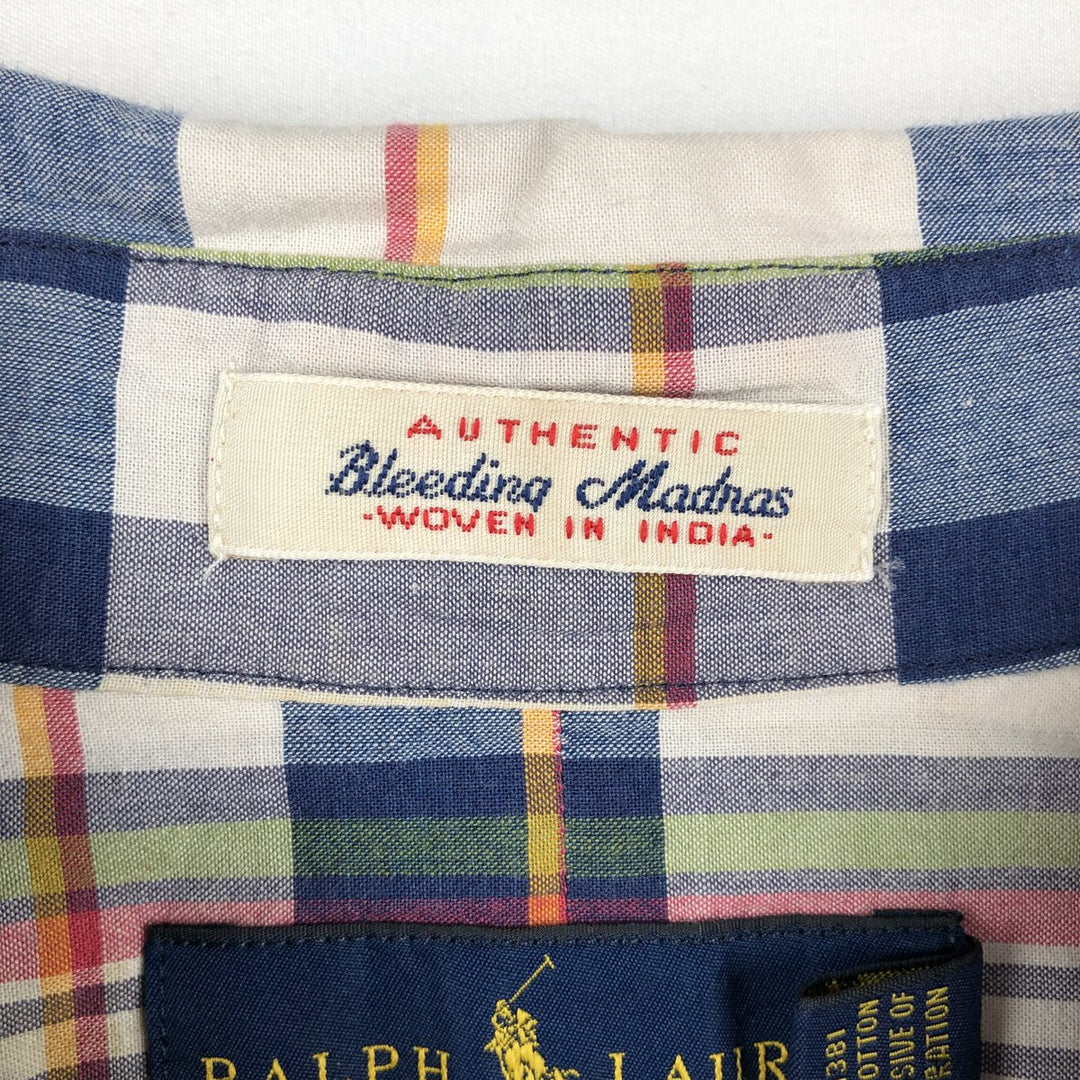 Ralph Lauren Madras Check Short Sleeve Button-Down Check Shirt, Men's Size L cotton navy blue type Vintage Second Hand