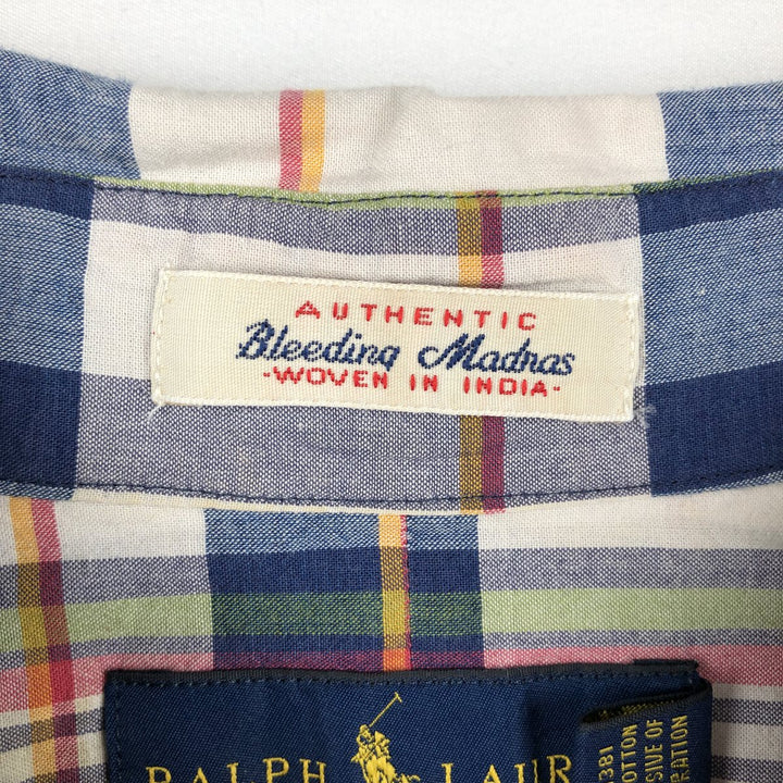 Ralph Lauren Madras Check Short Sleeve Button-Down Check Shirt, Men's Size L cotton navy blue type Vintage Second Hand