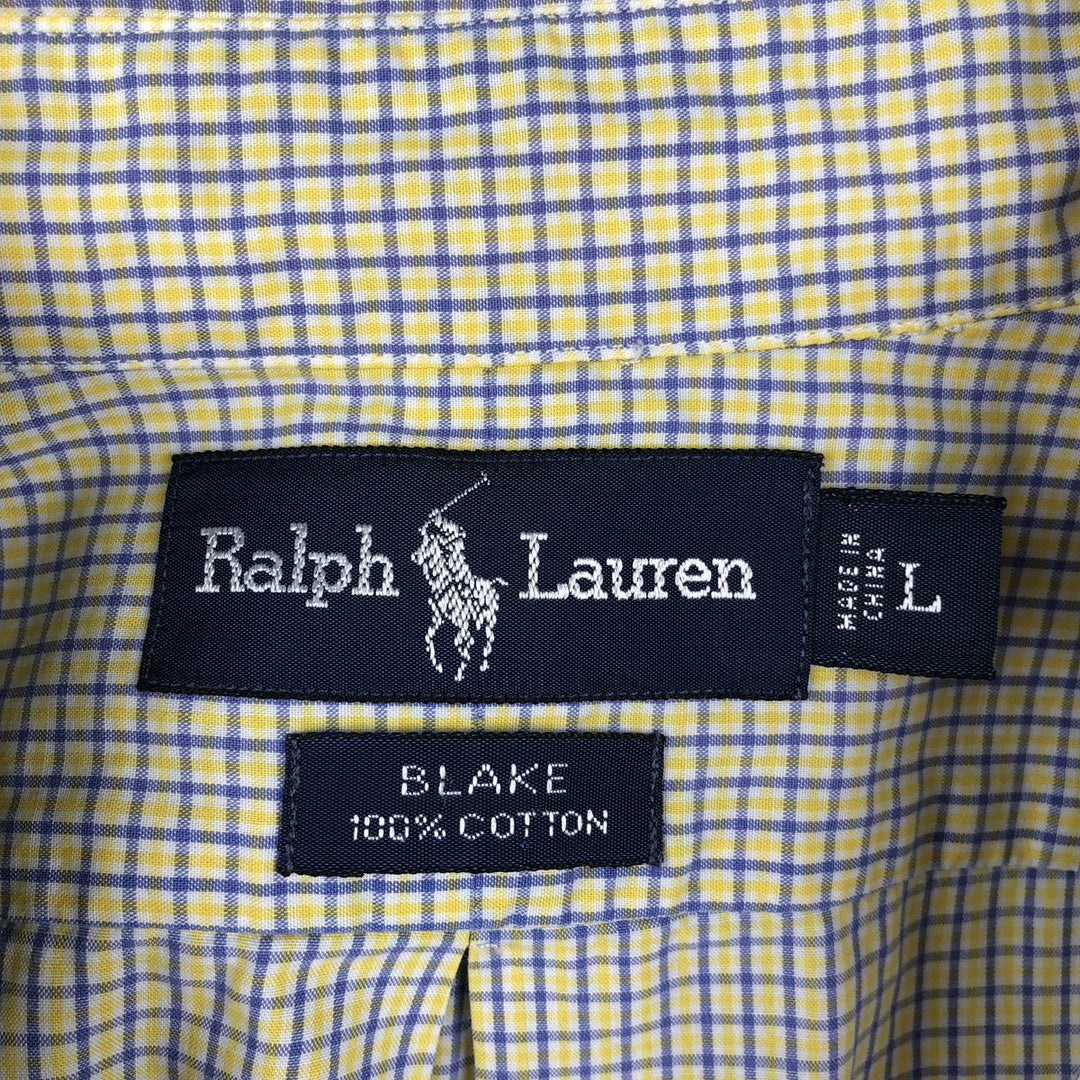 Ralph Lauren BLAKE short sleeve button down check shirt, men's size L cotton lemon yellow Vintage Second Hand