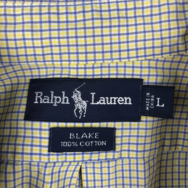 Ralph Lauren BLAKE short sleeve button down check shirt, men's size L cotton lemon yellow Vintage Second Hand