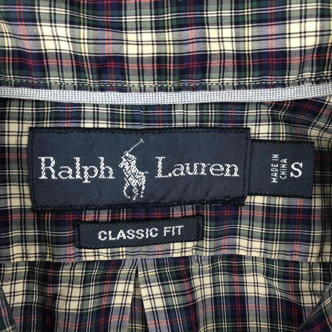 Ralph Lauren CLASSIC FIT short-sleeved button-down check shirt, men's size S (approx.) cotton navy blue type Vintage Second Hand