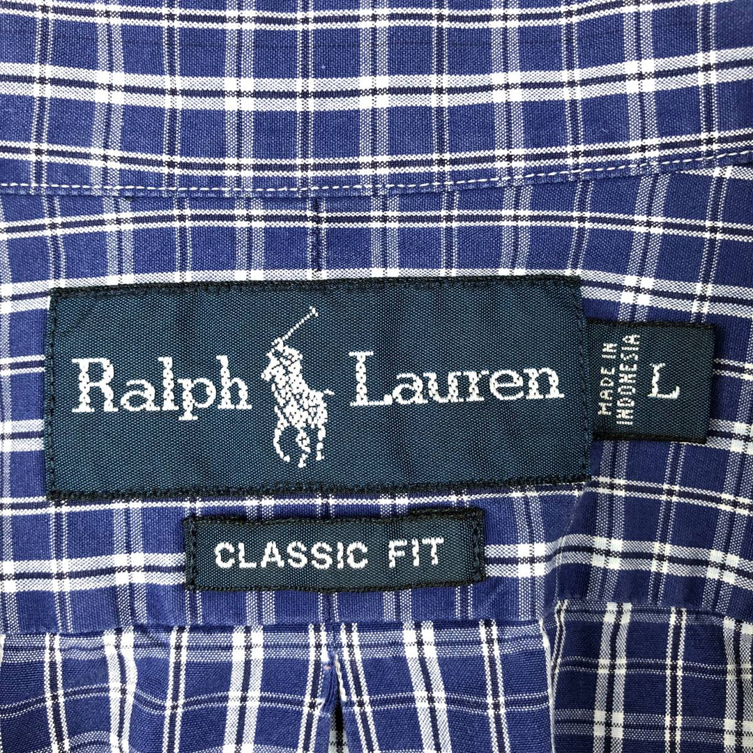 Ralph Lauren Classic Fit Short Sleeve Button Down Check Shirt Men's Size L cotton navy blue type Vintage Second Hand