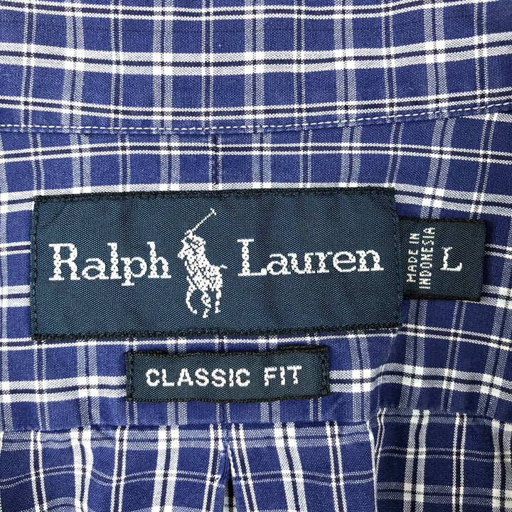 Ralph Lauren Classic Fit Short Sleeve Button Down Check Shirt Men's Size L cotton navy blue type Vintage Second Hand