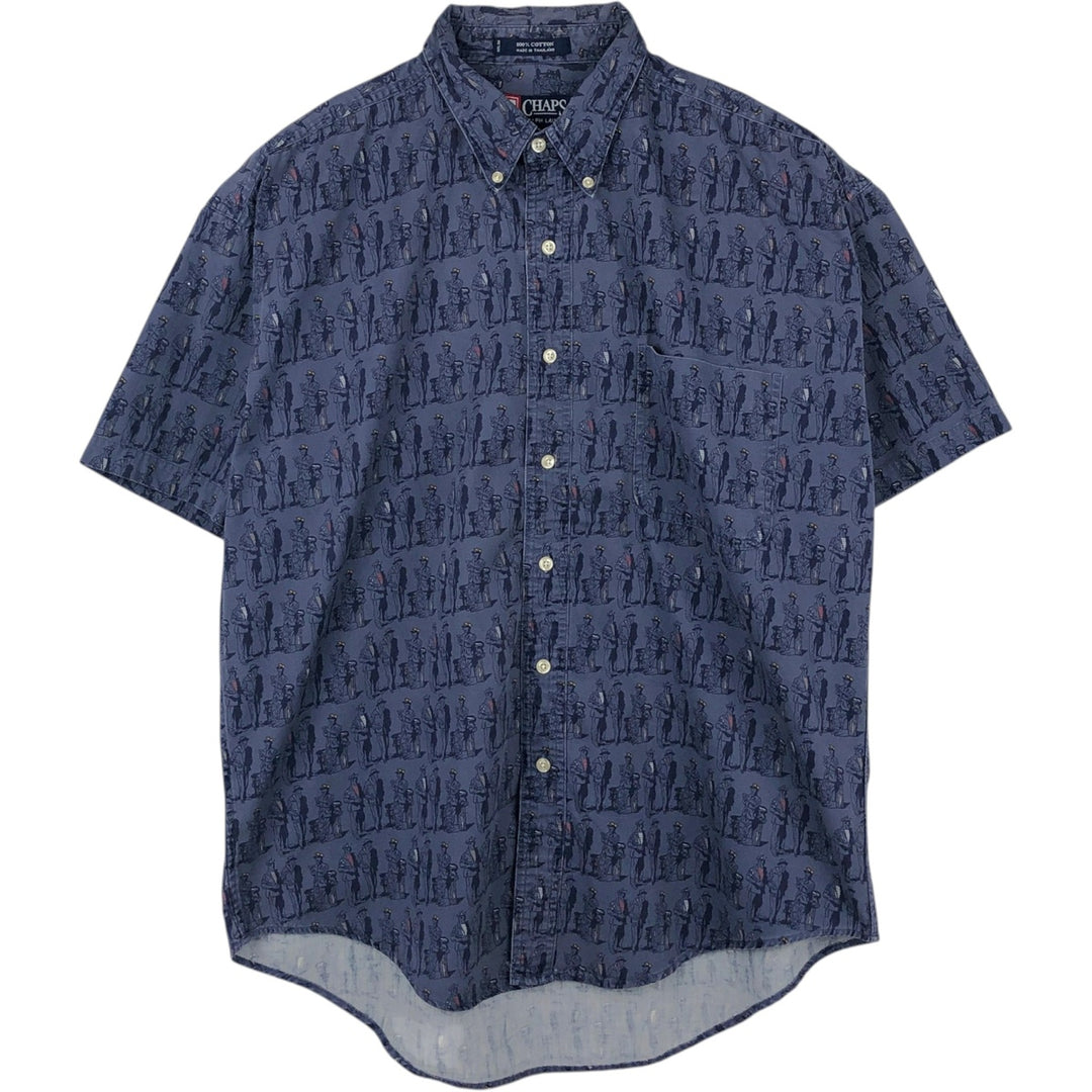 Ralph Lauren CHAPS all-over print short-sleeved button-down shirt, men's size L cotton navy blue type Vintage Second Hand