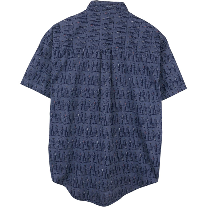 Ralph Lauren CHAPS all-over print short-sleeved button-down shirt, men's size L cotton navy blue type Vintage Second Hand