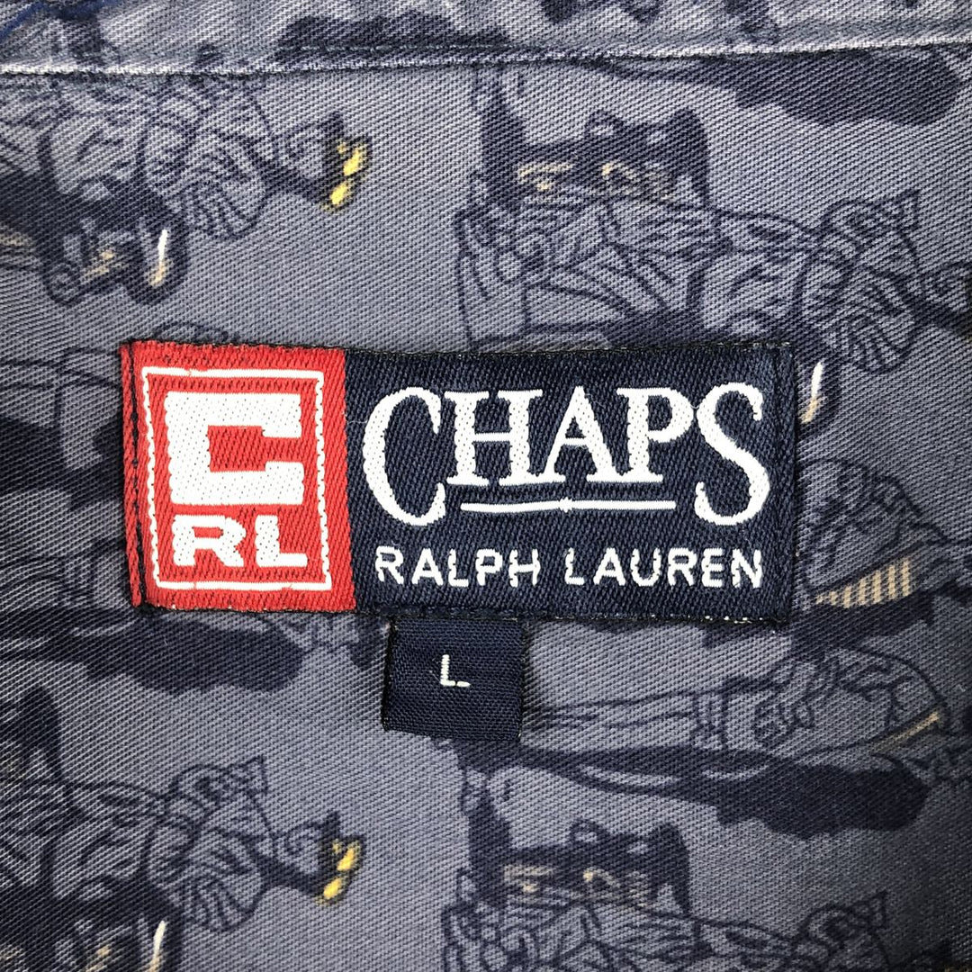 Ralph Lauren CHAPS all-over print short-sleeved button-down shirt, men's size L cotton navy blue type Vintage Second Hand