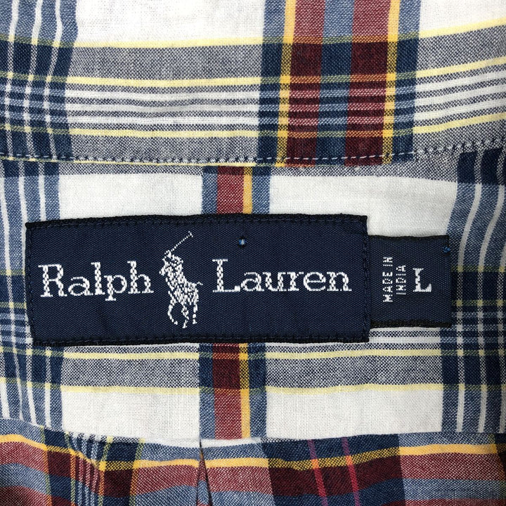 Ralph Lauren short sleeve button down check shirt, men's size L cotton navy blue type Vintage Second Hand