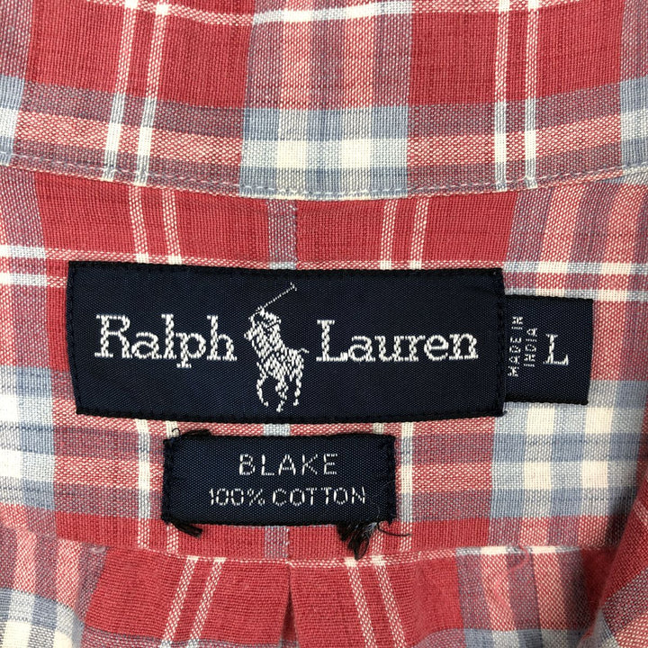 Ralph Lauren BLAKE short sleeve button down check shirt, men's size L cotton red type Vintage Second Hand