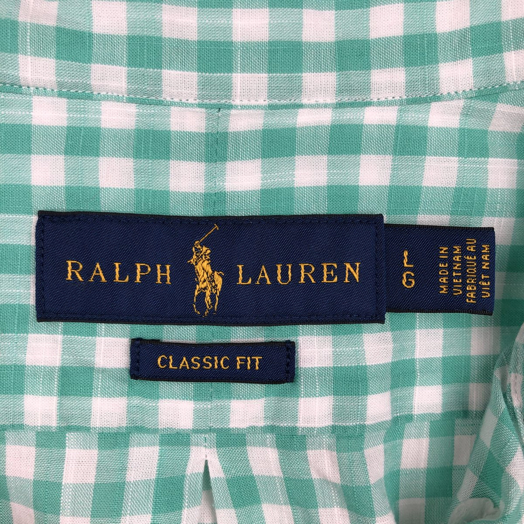 Ralph Lauren Classic Fit Gingham Check Short-Sleeve Button-Down Check Shirt, Men's Size L (approx.) cotton green type Vintage Second Hand
