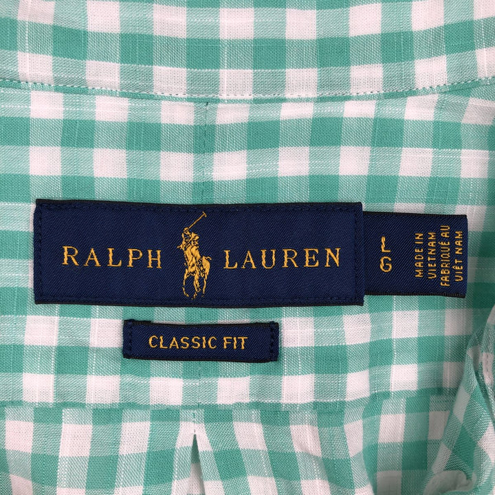 Ralph Lauren Classic Fit Gingham Check Short-Sleeve Button-Down Check Shirt, Men's Size L (approx.) cotton green type Vintage Second Hand