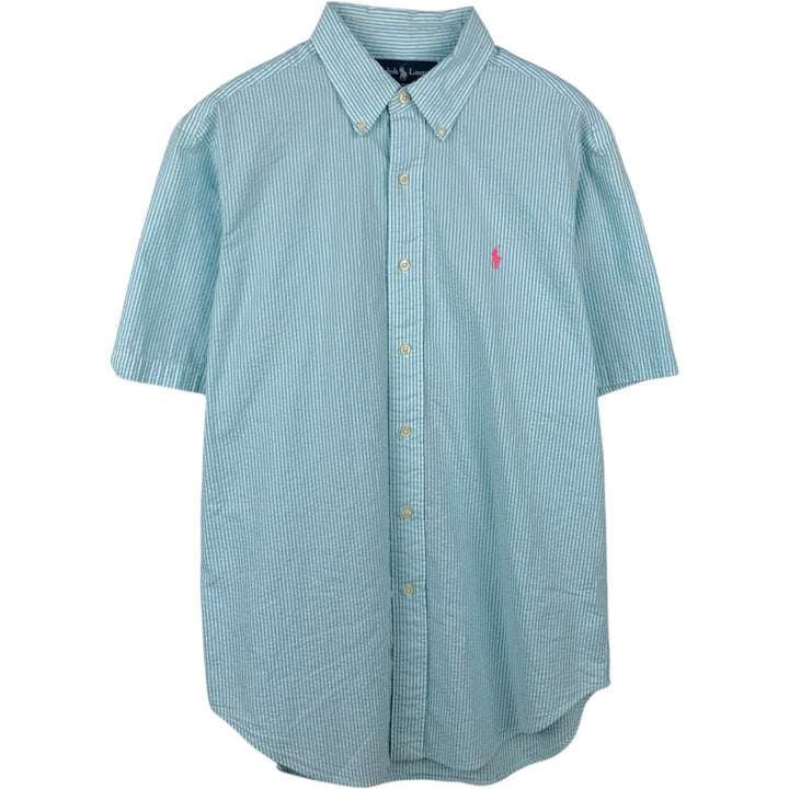 Ralph Lauren Classic Fit Seersucker Short Sleeve Button Down Striped Shirt Men's M cotton turquoise blue Vintage Second Hand