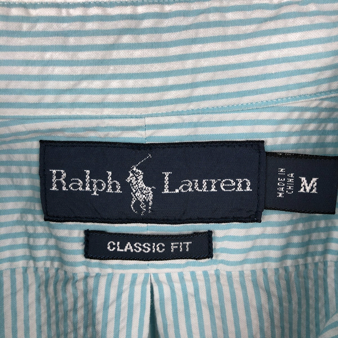 Ralph Lauren Classic Fit Seersucker Short Sleeve Button Down Striped Shirt Men's M cotton turquoise blue Vintage Second Hand