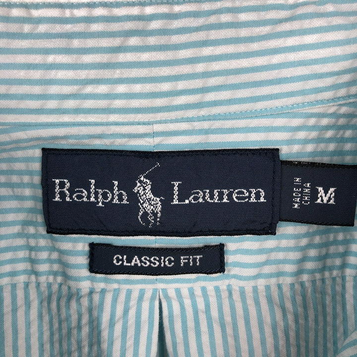 Ralph Lauren Classic Fit Seersucker Short Sleeve Button Down Striped Shirt Men's M cotton turquoise blue Vintage Second Hand