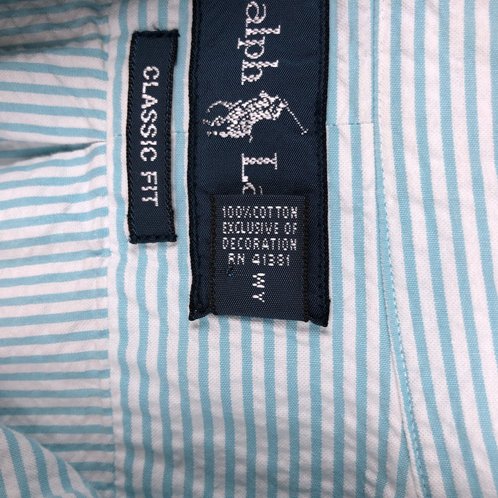 Ralph Lauren Classic Fit Seersucker Short Sleeve Button Down Striped Shirt Men's M cotton turquoise blue Vintage Second Hand