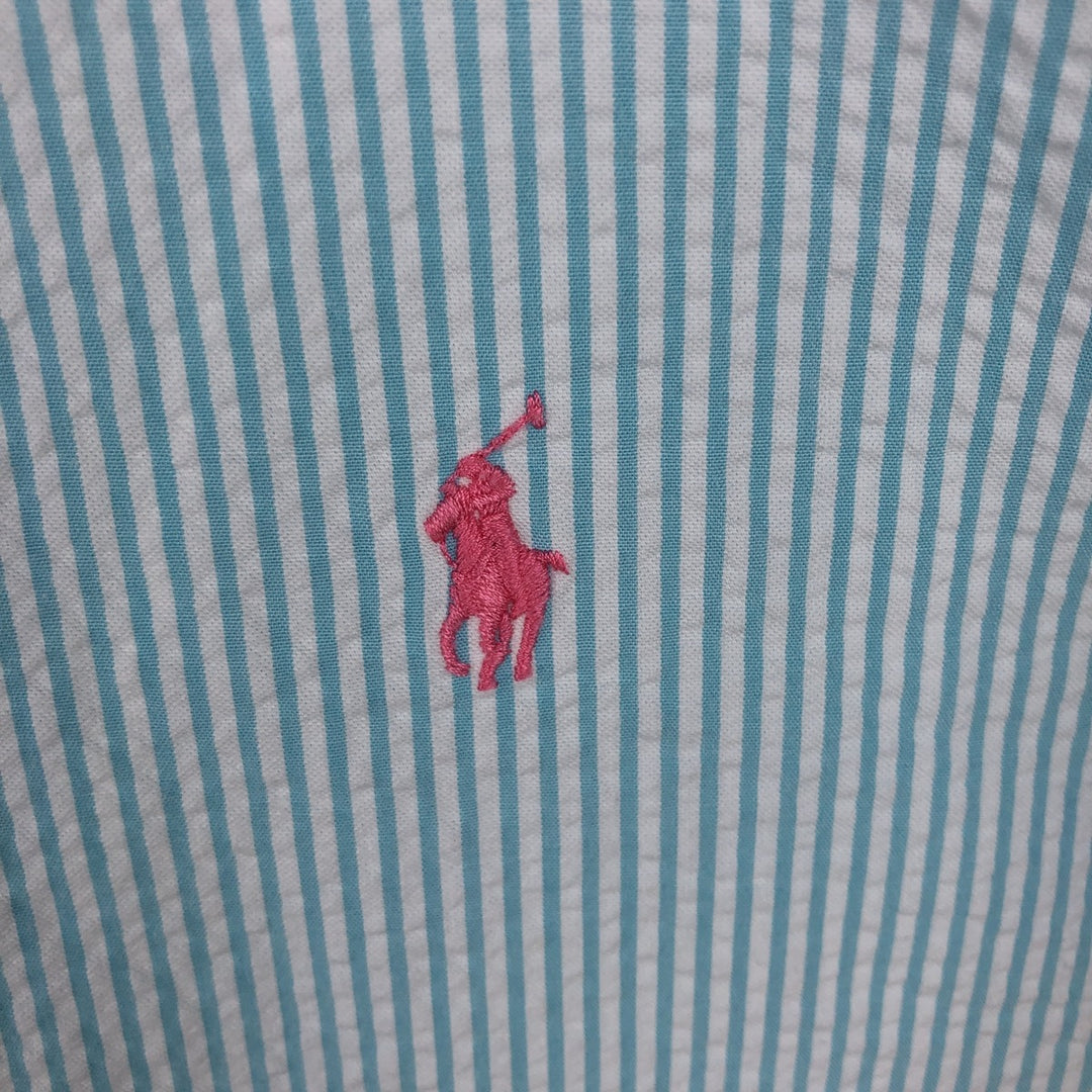 Ralph Lauren Classic Fit Seersucker Short Sleeve Button Down Striped Shirt Men's M cotton turquoise blue Vintage Second Hand