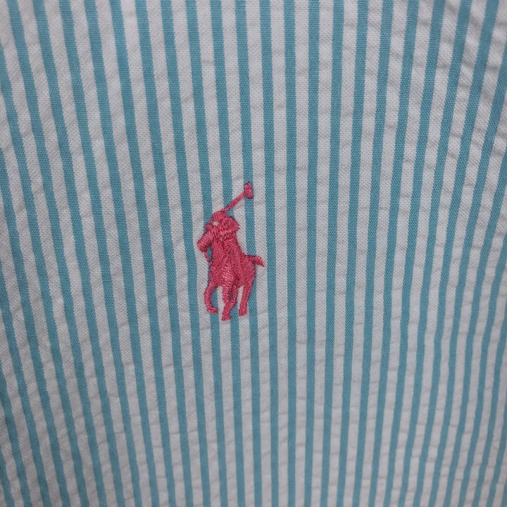Ralph Lauren Classic Fit Seersucker Short Sleeve Button Down Striped Shirt Men's M cotton turquoise blue Vintage Second Hand