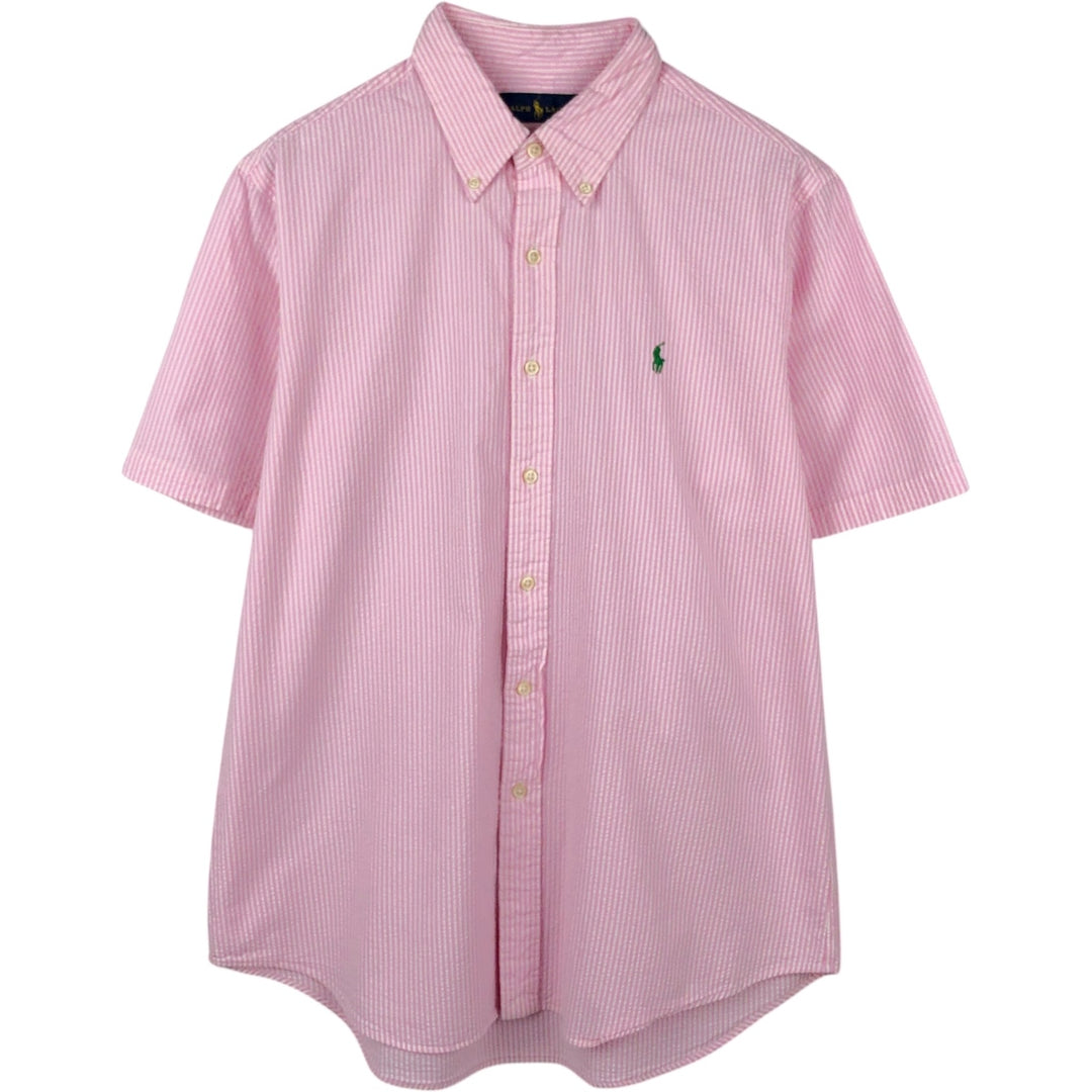 Ralph Lauren Seersucker Short Sleeve Button-Down Striped Shirt, Men's Size L cotton pink type Vintage Second Hand