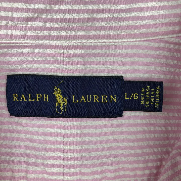 Ralph Lauren Seersucker Short Sleeve Button-Down Striped Shirt, Men's Size L cotton pink type Vintage Second Hand