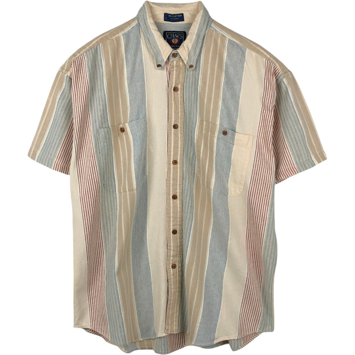 1980'S Ralph Lauren Chaps Multi-Striped Short-Sleeve Button-Down Striped Shirt, Men's Size XL (Equivalent), Vintage cotton Beige type Vintage Second Hand
