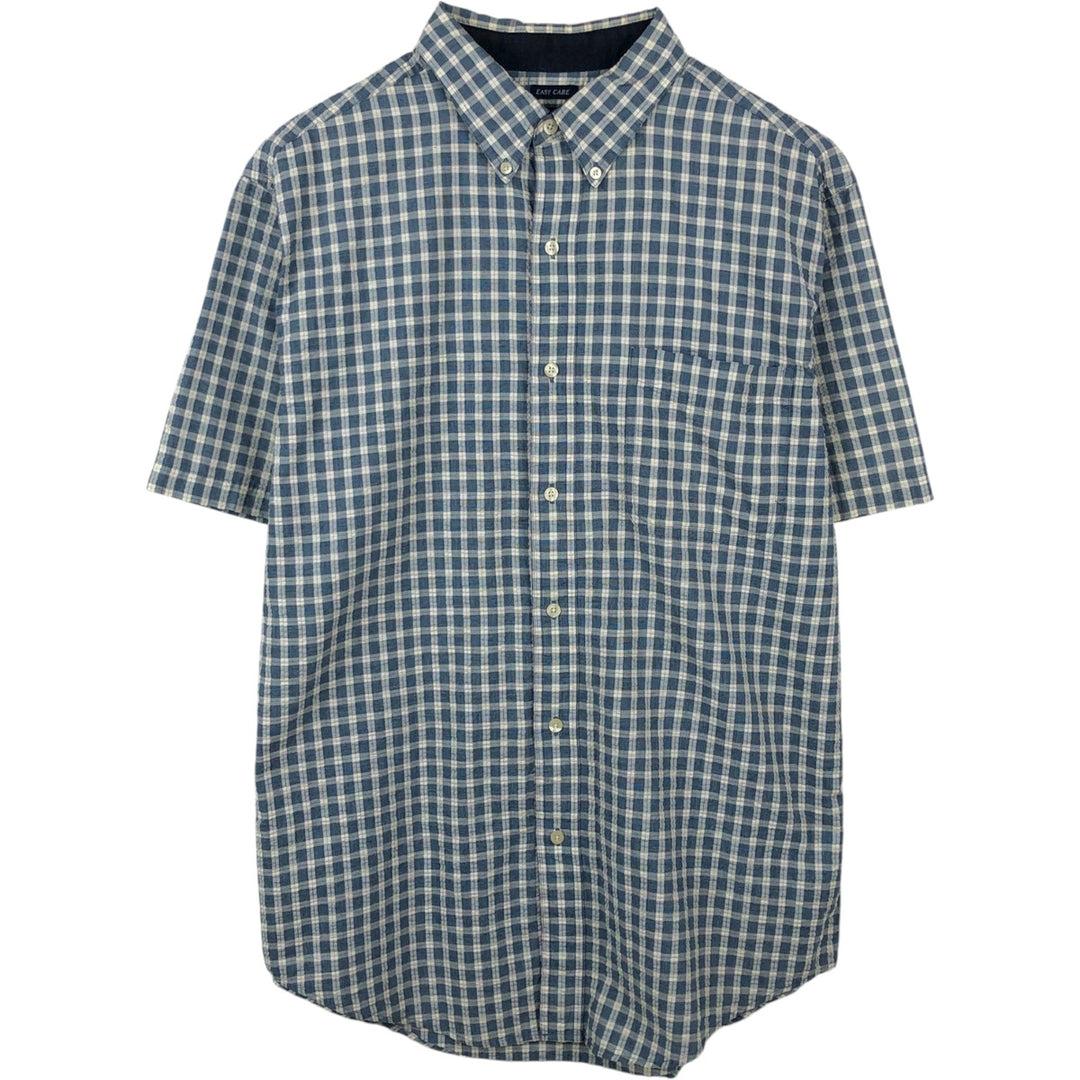 Ralph Lauren CHAPS EASY CARE seersucker short-sleeved button-down check shirt, men's size L (approx.) cotton Blue type light blue Vintage Second Hand