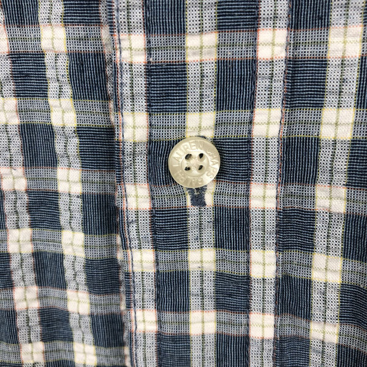 Ralph Lauren CHAPS EASY CARE seersucker short-sleeved button-down check shirt, men's size L (approx.) cotton Blue type light blue Vintage Second Hand