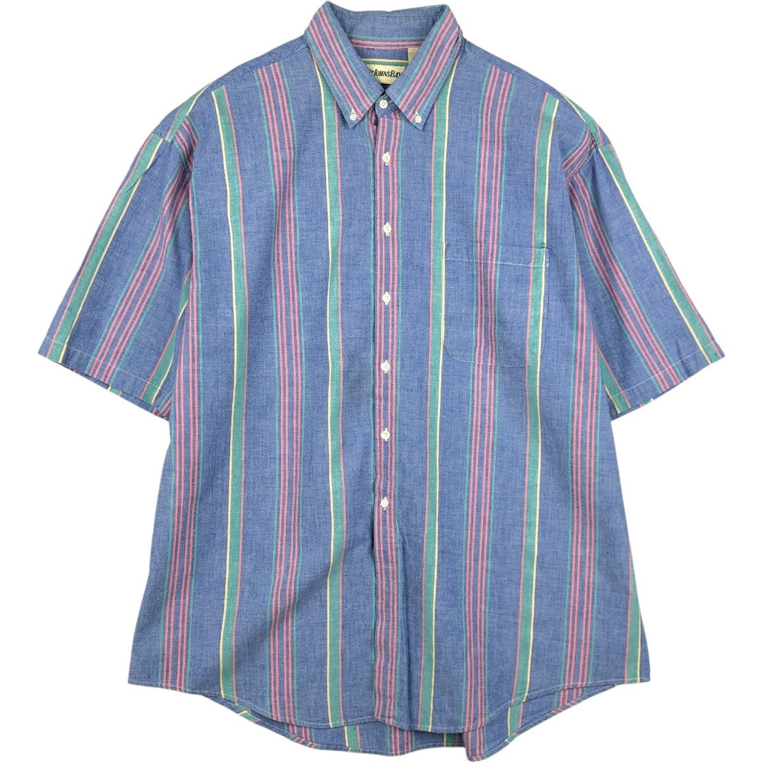 80s-90'S St. John's Bay Multi-Striped Short-Sleeve Button-Down Striped Shirt, Men's Size XL (Equivalent), Vintage cotton blue type Vintage Second Hand