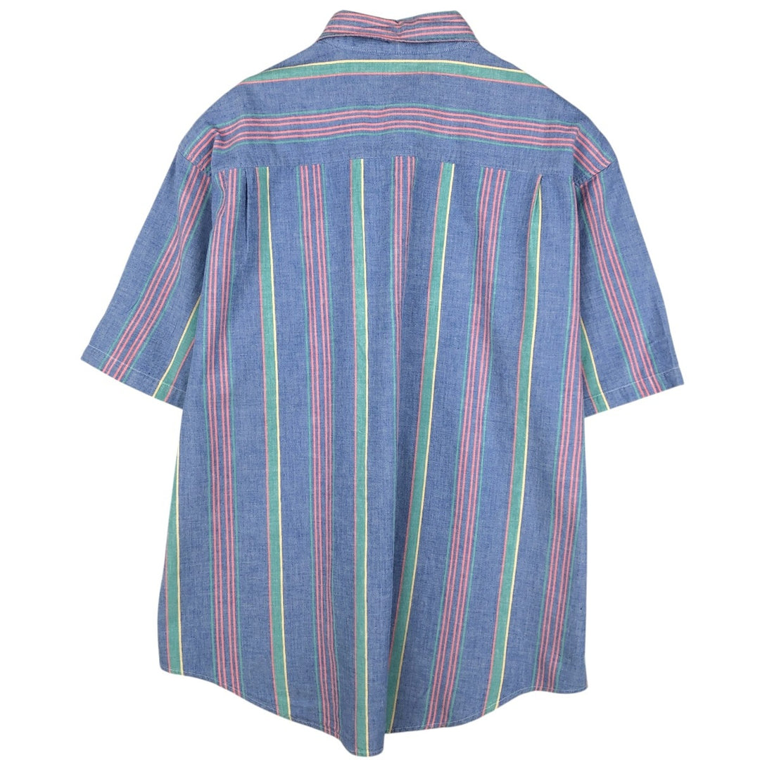 80s-90'S St. John's Bay Multi-Striped Short-Sleeve Button-Down Striped Shirt, Men's Size XL (Equivalent), Vintage cotton blue type Vintage Second Hand