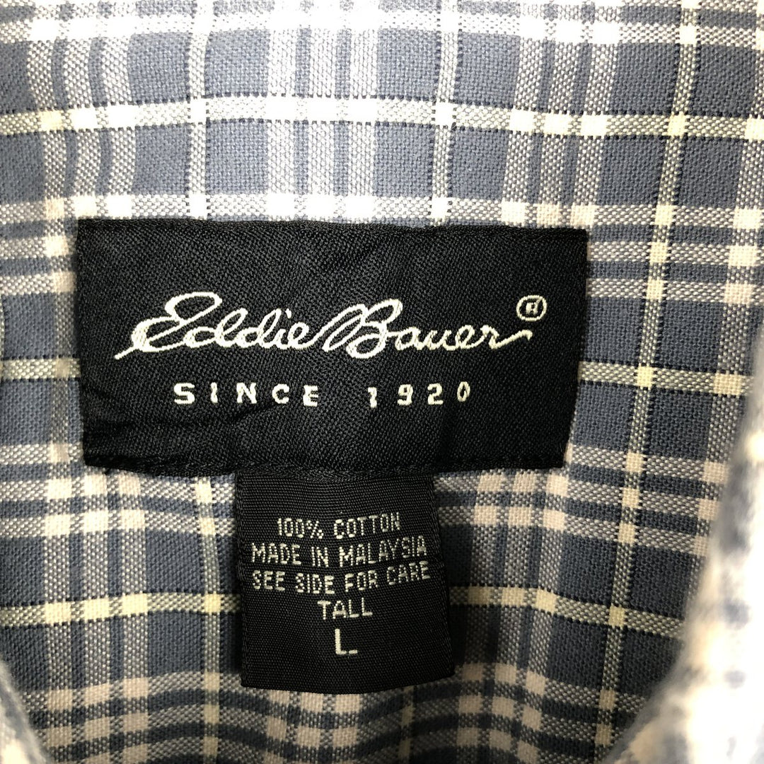 Eddie Bauer Check Pattern Short-Sleeve Button-Down Check Shirt, Men's Size L (approx.) cotton gray type Vintage Second Hand