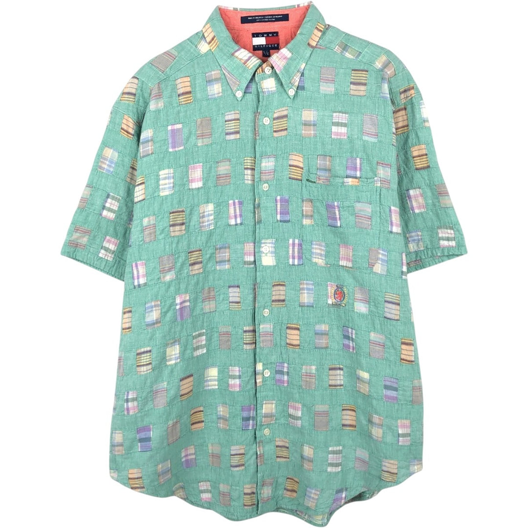 Tommy Hilfiger all-over patchwork short-sleeved button-down check shirt, men's size L (approx.) cotton green type Vintage Second Hand