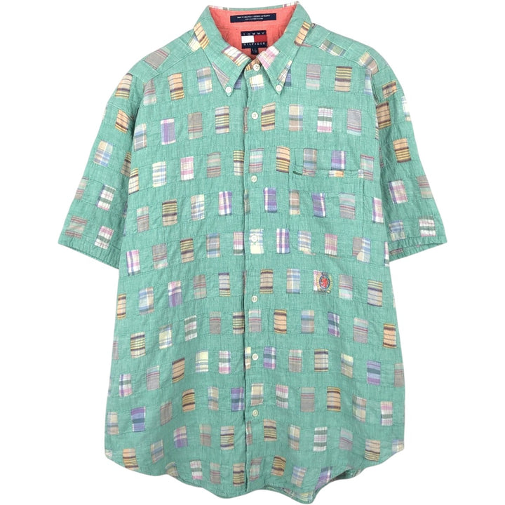 Tommy Hilfiger all-over patchwork short-sleeved button-down check shirt, men's size L (approx.) cotton green type Vintage Second Hand