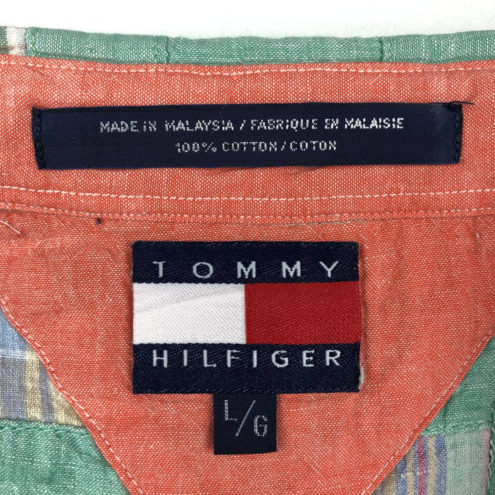 Tommy Hilfiger all-over patchwork short-sleeved button-down check shirt, men's size L (approx.) cotton green type Vintage Second Hand