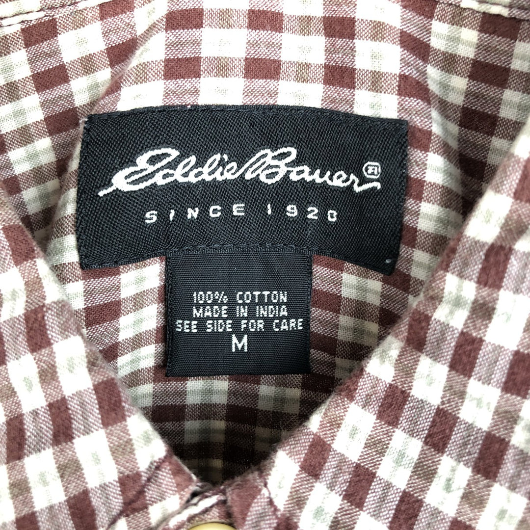 Eddie Bauer short sleeve button down check shirt, men's size M cotton red type reddish brown Vintage Second Hand