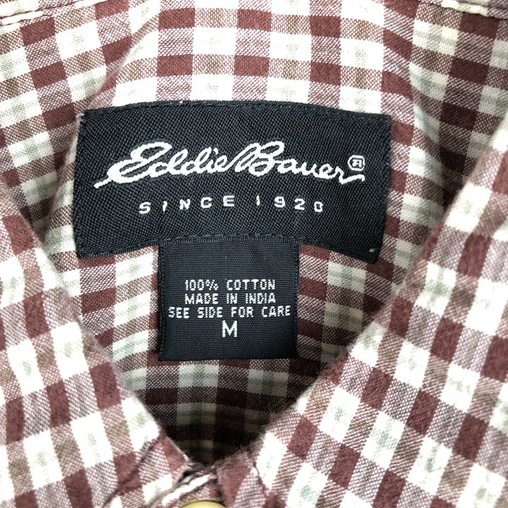 Eddie Bauer short sleeve button down check shirt, men's size M cotton red type reddish brown Vintage Second Hand