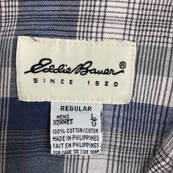 Eddie Bauer short sleeve button down check shirt, men's size L cotton blue type Vintage Second Hand